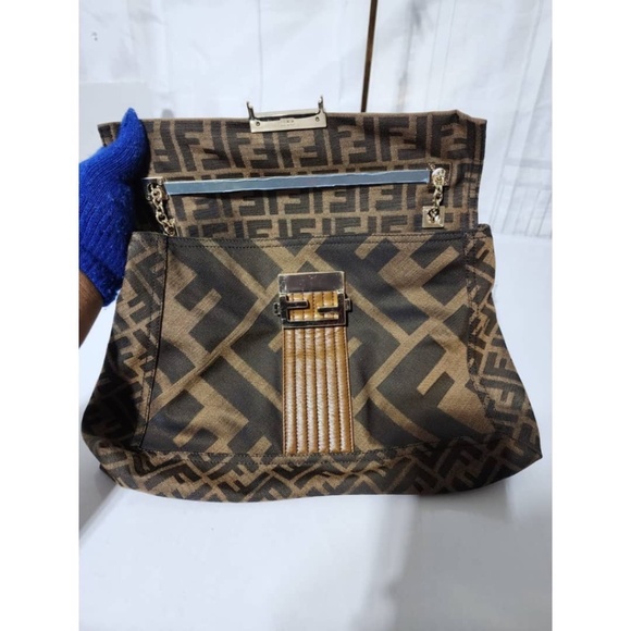 Authentic Fendi Tobacco Zucca Canvas and Leather Maxi Baguette Flap Shoulder Bag - Picture 9 of 14